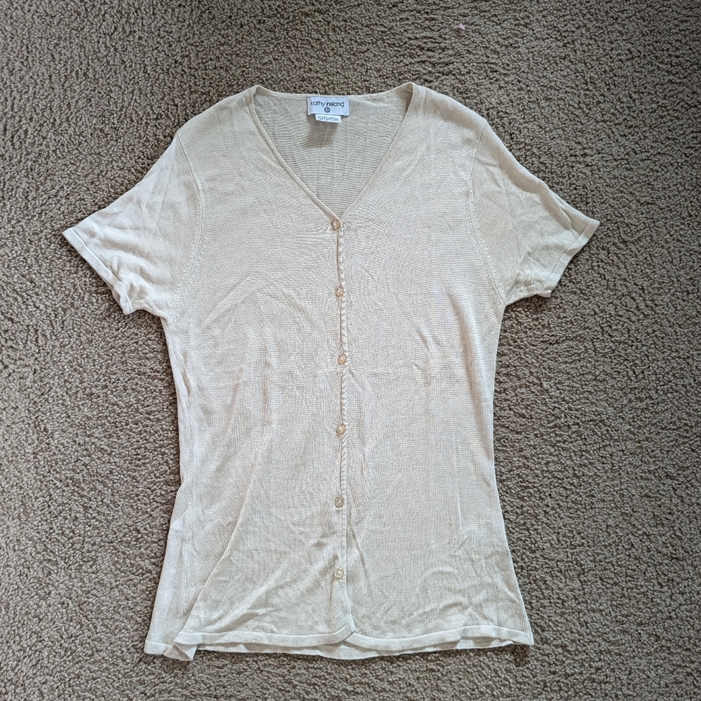 Kathy Ireland Silk blend button up short sleeve top size XL